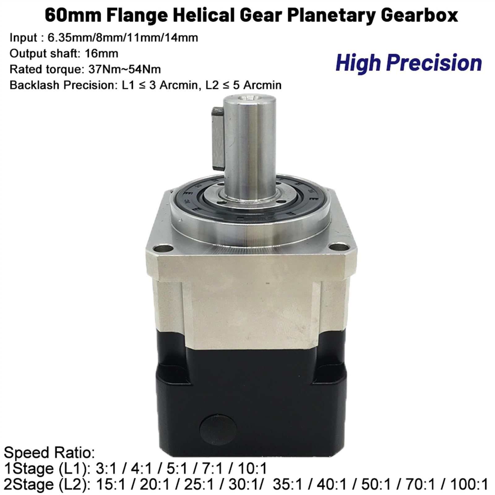 Stappenmotor verloopstuk Nema 23 planetaire transmissie 57 mm verloopstuk Step-down 6,35/8 mm ingang 14 mm as 1 stuk (ratio 50 tot 1,8 ingang 14 output