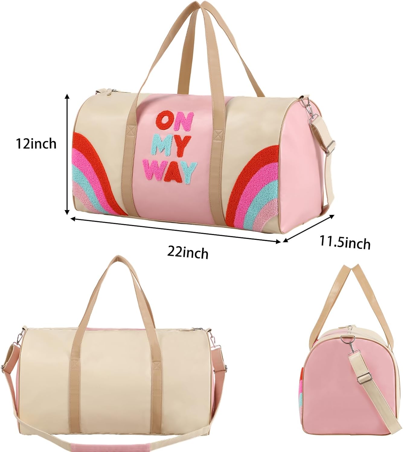 DYSHAYEN Chenille Letter Travel Duffle Bag Large PU Leather Weekender Overnight Bag for Women Carry on Bags Travel Tote（On My Way） - Image 5