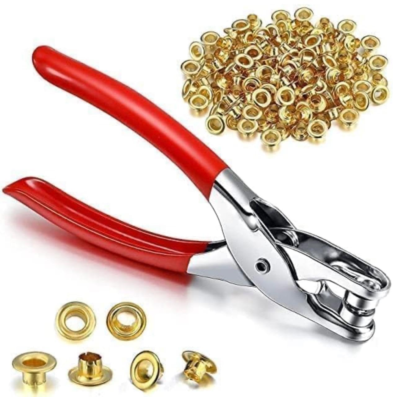 Heavy Duty Eyelet Punch Pliers with Metal Eyelets | Grommet Tool Kit for Curtains, Tarpaulin, Leather, Shoes, Belts & DIY Craft | Manual Hole Punch Tool (Red Handle)