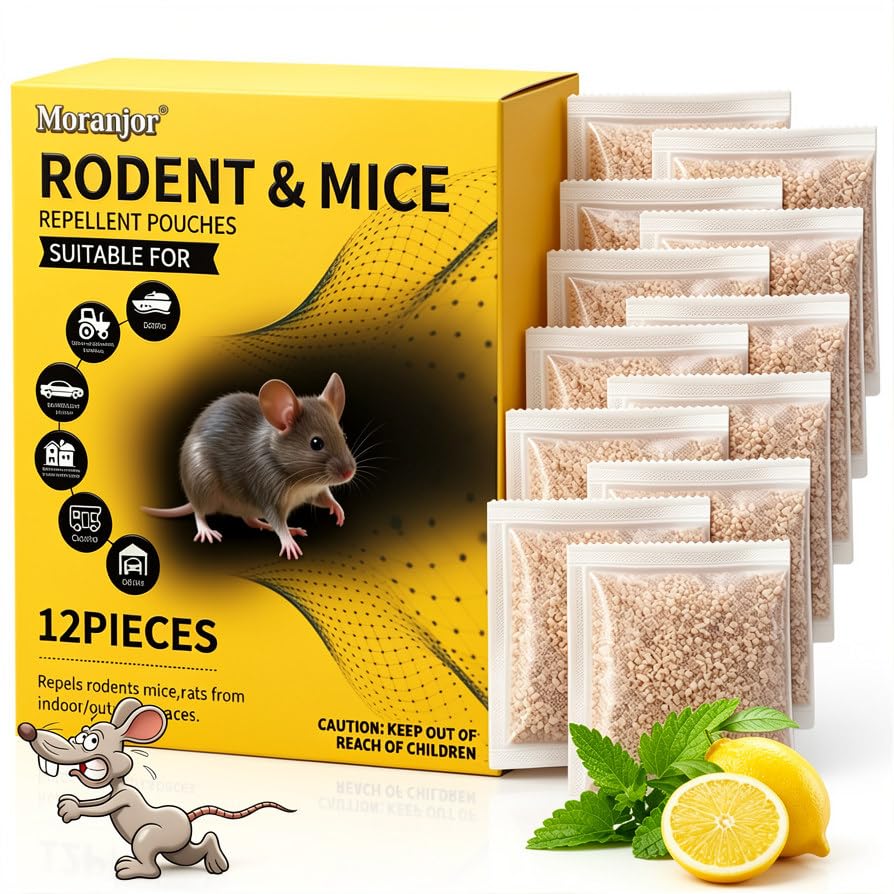 Moranjor Mice Control Pouches 12-Pack, Rat Deterrent Bags, Keep Mouse Away, Peppermint Oil Mouse Repellent, Mouse Deterrent Outdoor, Rat Repellent for Car, RV, Garage, Shed, Boats.