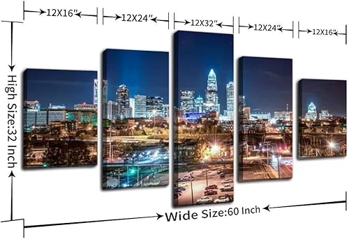 Miniatura 2 de Charlotte City Skyline Night Scene - Lienzo decorativo para pared, pinturas artísticas, decoración del hogar, estirado y enmarcado, 5 piezas
