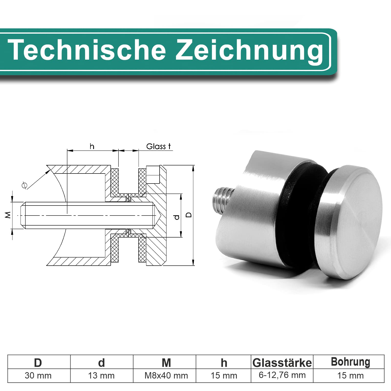 PRIOstahl Glaspunkthalter Punkthalter Glashalter x 8 Halter mit M8 Schraube + Gummieinlagen für Glas 6mm bis 12,76mm Anschluss Ø 42,4mm für Glasscheiben Plexiglas Balkon Geländer aus Edelstahl V2A