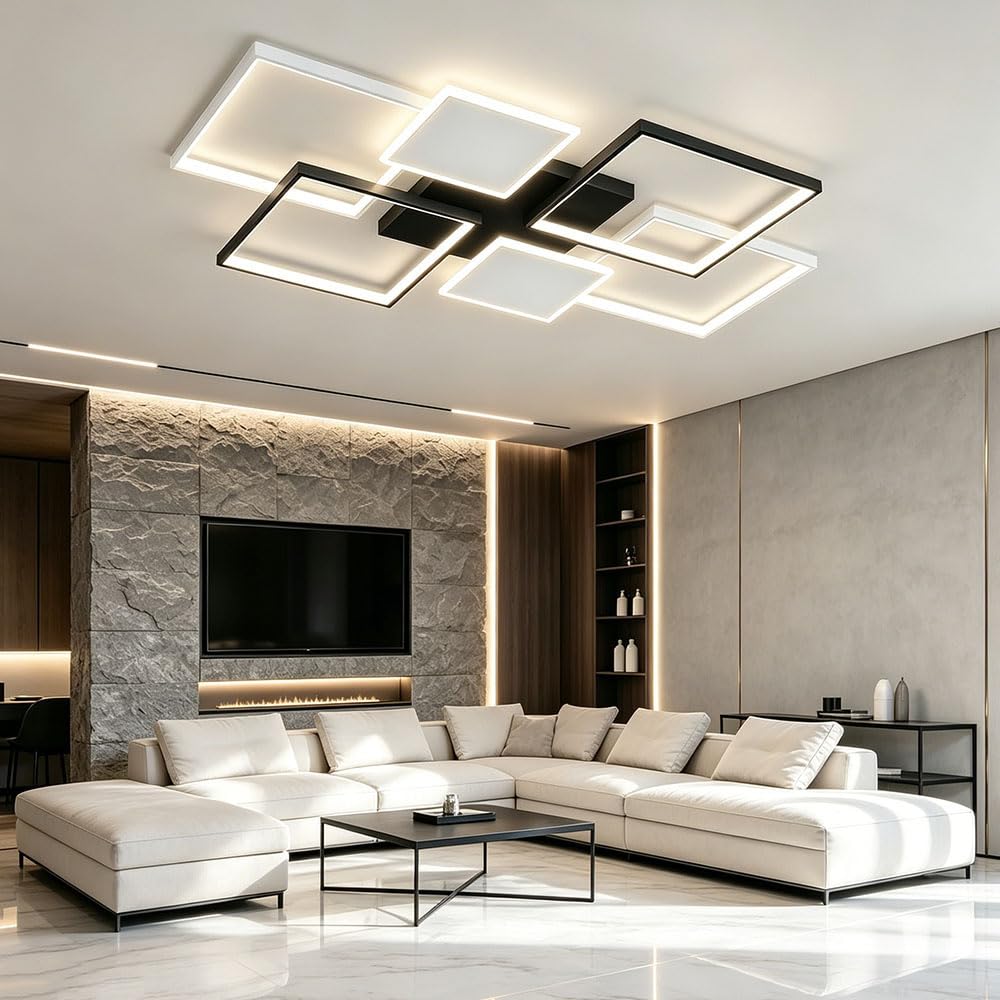 LIUYU Lámpara led de techo salón regulable 90x60cm negro-blanco 75W | Lámpara techo con mando a distancia, 6400lm, diseño rectangular, memoria 3000-6500K, luz de techo salón cocina dormitorio