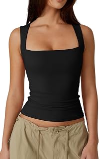 QINSEN Women's Square Neck Sleeveless Tank Top - Double Layer, Ultra Soft Stretchy Fabric, Flattering Fit XS-XL