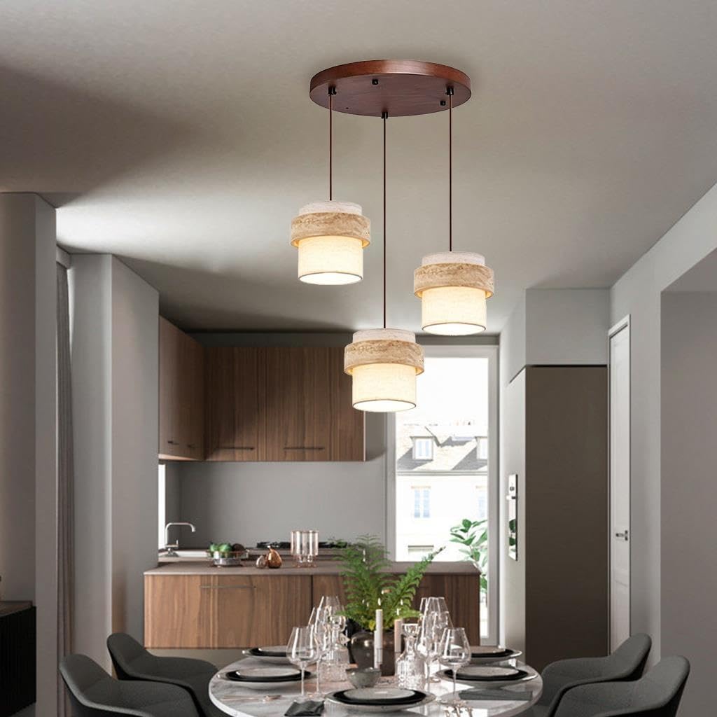 Lampada a Sospensione Base E27 Stile Wabi Sabi Travertino Giallo Lampadario Tessuto Intrecciato and Legno Regolabile Altezza Plafoniera for Sala Cucina Soggiorno Caffè Hall illuminazion(B 3heads)