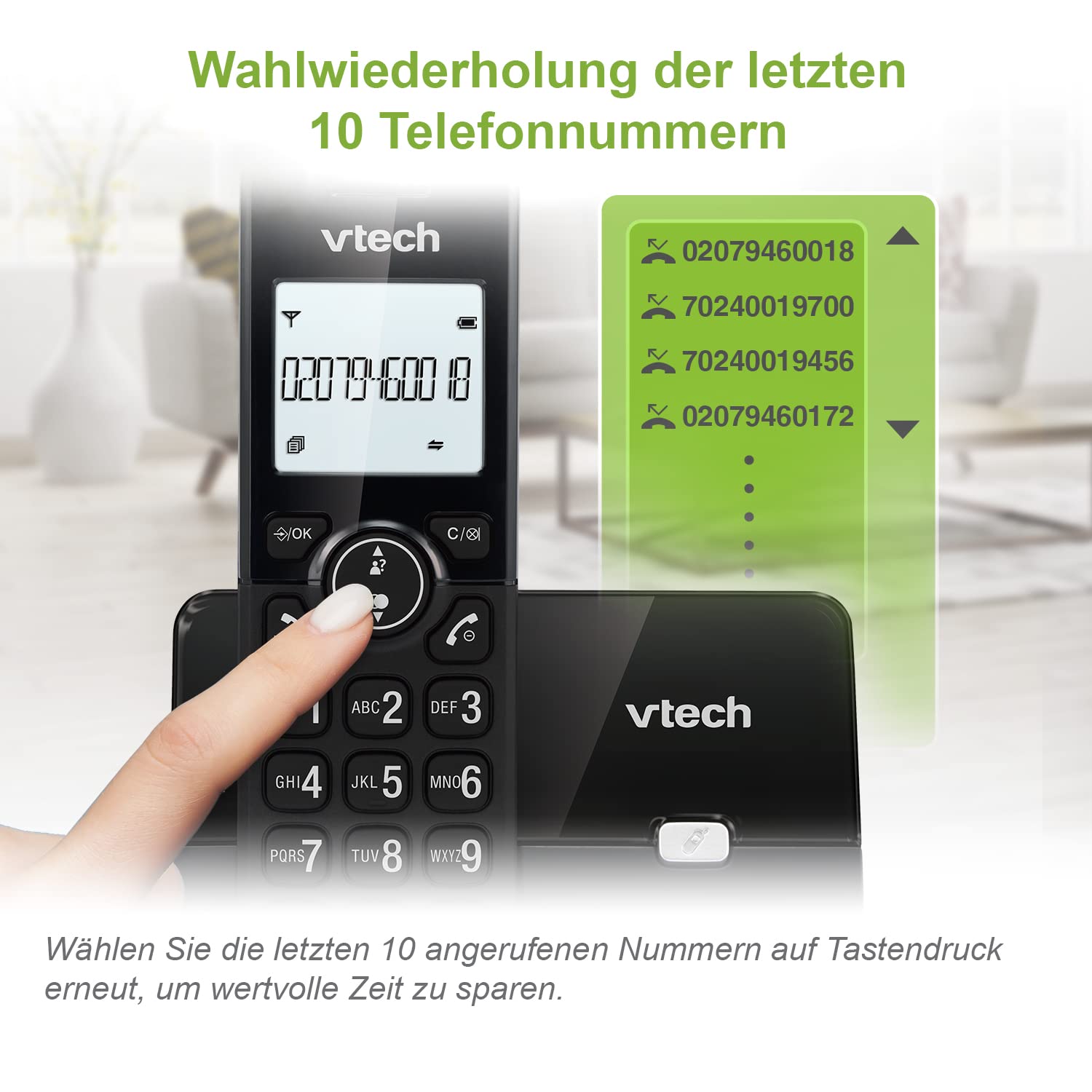 VTech CS2000 schnurloses Telefon, ECO+ Modus, Festnetztelefon, schwarz, Anrufsperre, Freisprechfunktion, große Tasten, Zwei Zeilen Display