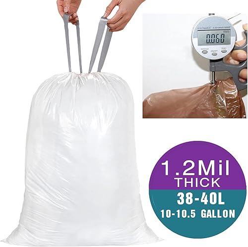 Miniatura 2 de Code J (50 unidades) Bolsas de basura de plástico resistentes con cordón de 10-10.5 galones de 1.2 mil. Bolsas de basura con cordón blanco de