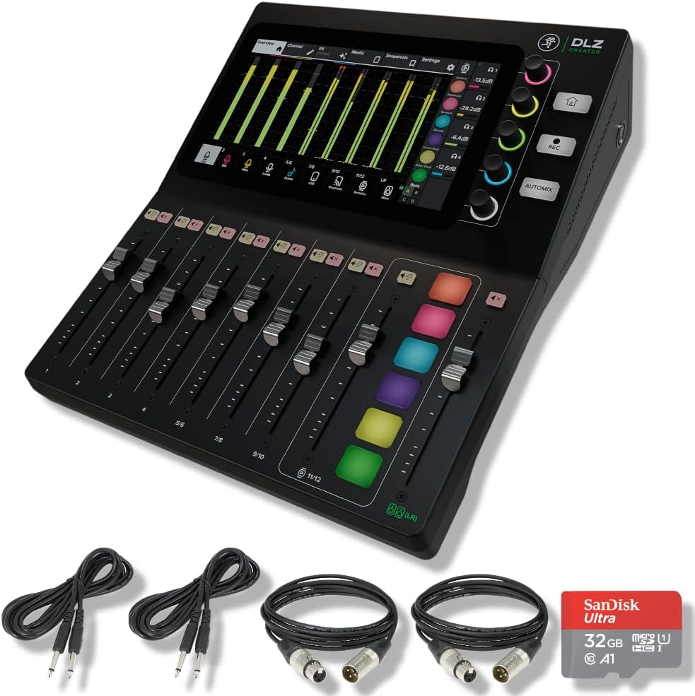 Mackie DLZ Creator Adaptive Digital Mixer for Podcasting, Streaming and YouTube with XLR & Instrument Cables, 32GB microSD Card and StreamEye Polishing Cloth