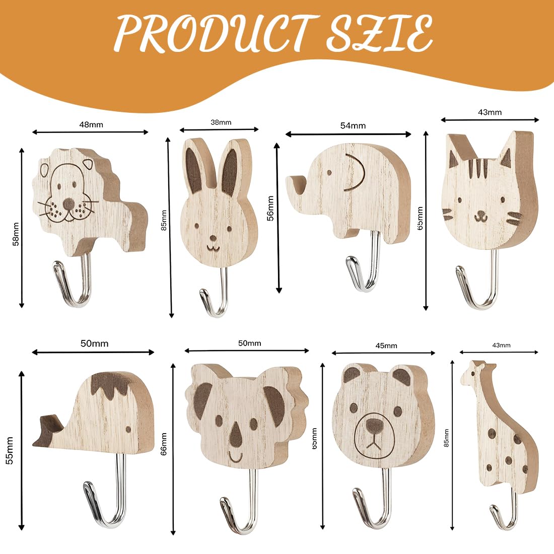 Appendiabiti per bambini in legno set 8 ganci autoadesivi animali elefante balena gatto leone coniglio giraffa