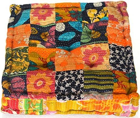 MARUDHARA RANGILA Stuffed Indian Vintage Kantha Patch Floor Cushion Square ; Pouf Ottoman; Floor Yoga Pillow