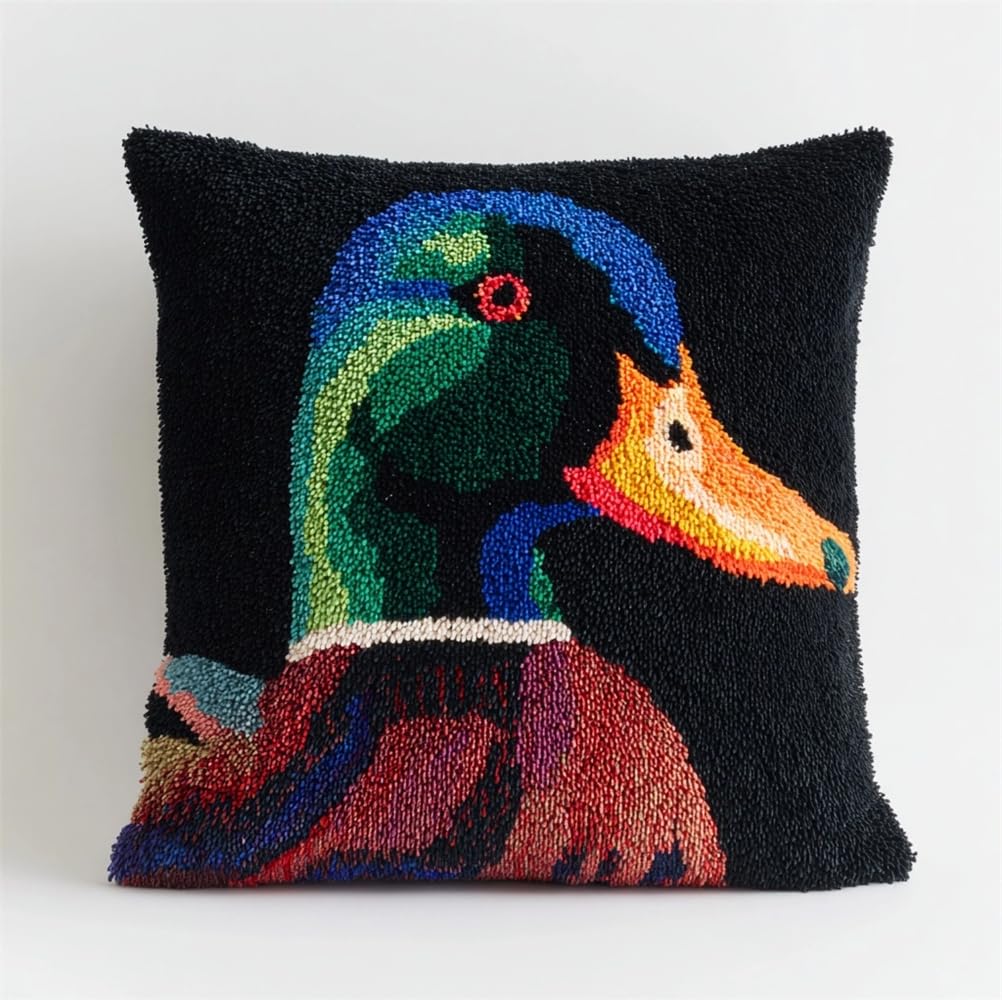 kitphoenix Latch Hook Cushion Kits for Adults 17X17Inch,Black Duck Latch Hook Pillow Case Kits Embroidery Kits 43X43Cm, DIY Needlework Pillow Cover Cushion Rug Making Kit, DIY Craft Kit for Women