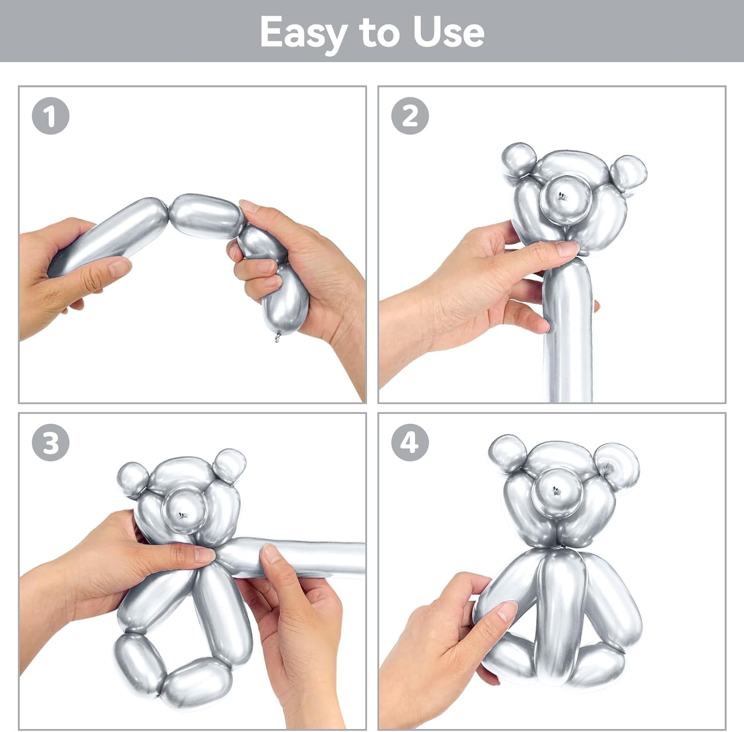 Metallic Silver Long Balloons Premium 260 Twisting Magic Balloons for Birthday Kids Wedding Party Supply 100pcs - Image 4