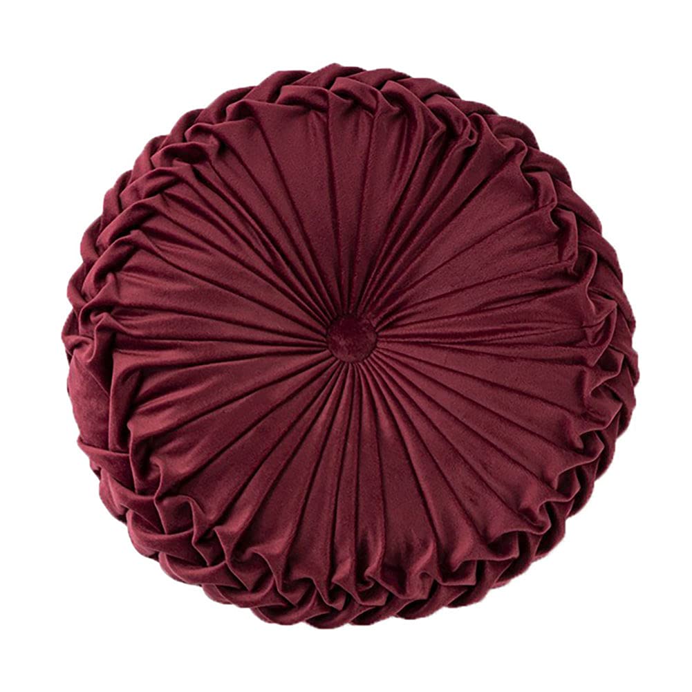 Round Pillows Velvet Pleated Circle Pillow Chair Cushion Floor Pillows Home Decorations for Home Couch Chair Bed Car Burgundy