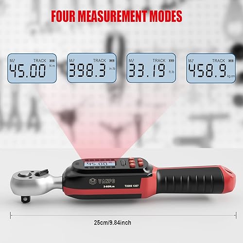 Vista 49 de VANPO Llave dinamométrica digital de 1/2 pulgada (7.38-147.5ft-lbs/10-200NM) Llave dinamométrica electrónica ajustable de doble dirección con valor