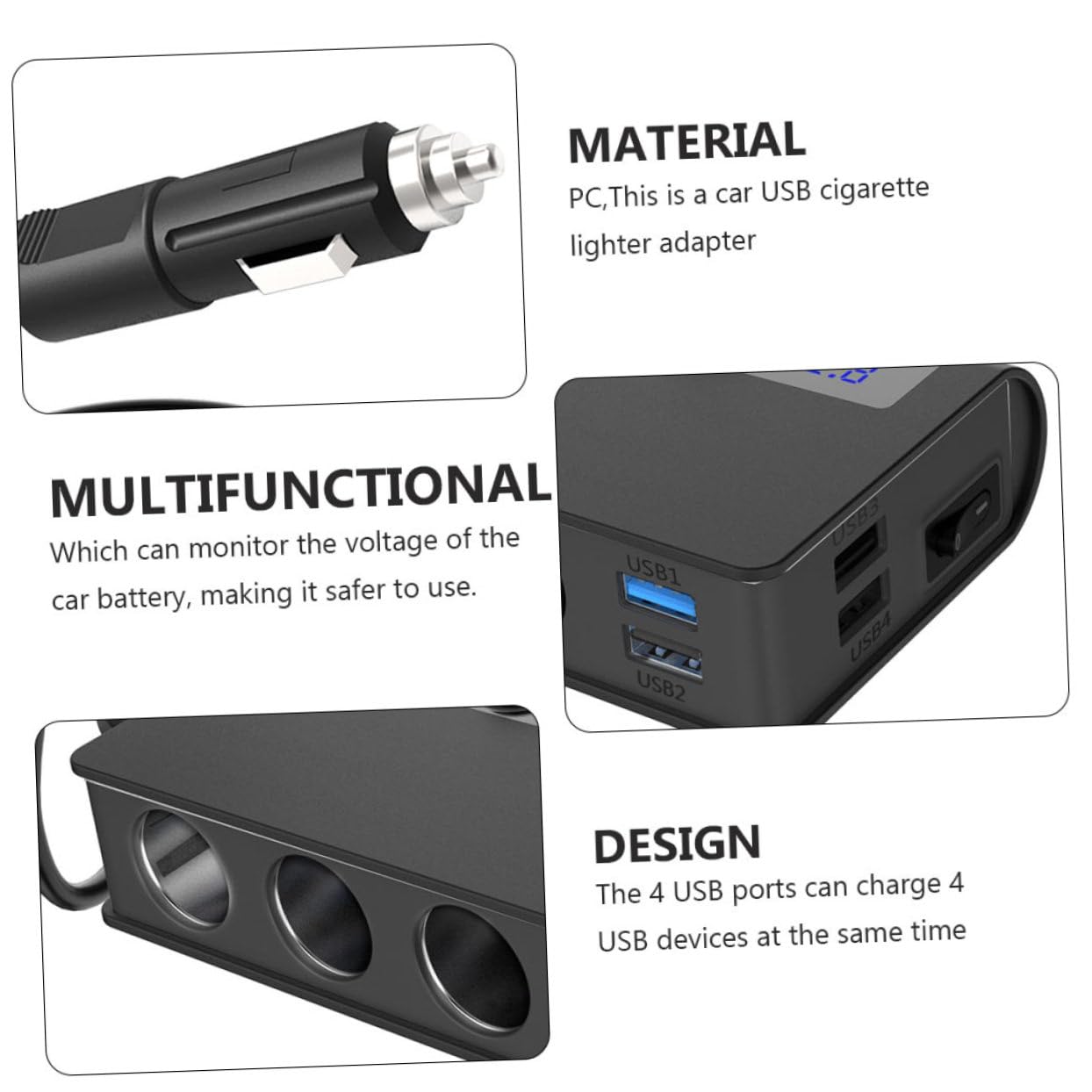 Cargador de Coche de 180 W 4 Puertos USB y 3 Tomas para Mechero, Indicador Led, para Móvil y Mp3