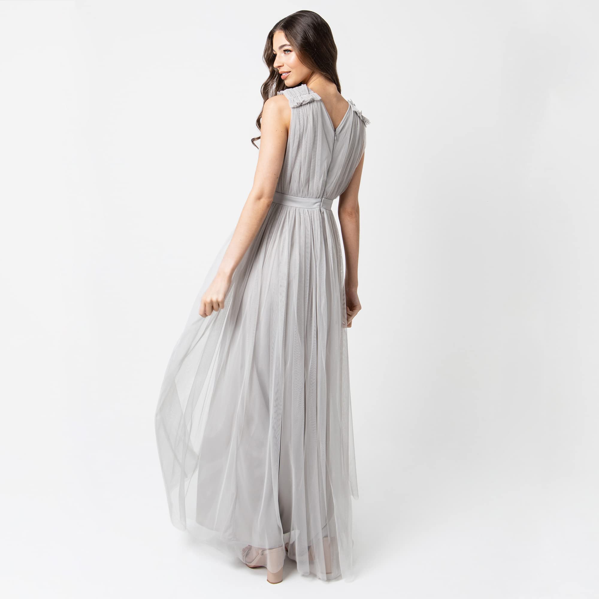 Maya Deluxe Frosted Pink Maxi Dress with Ruffle Shoulder Detail Vestito per Damigella donore Donna