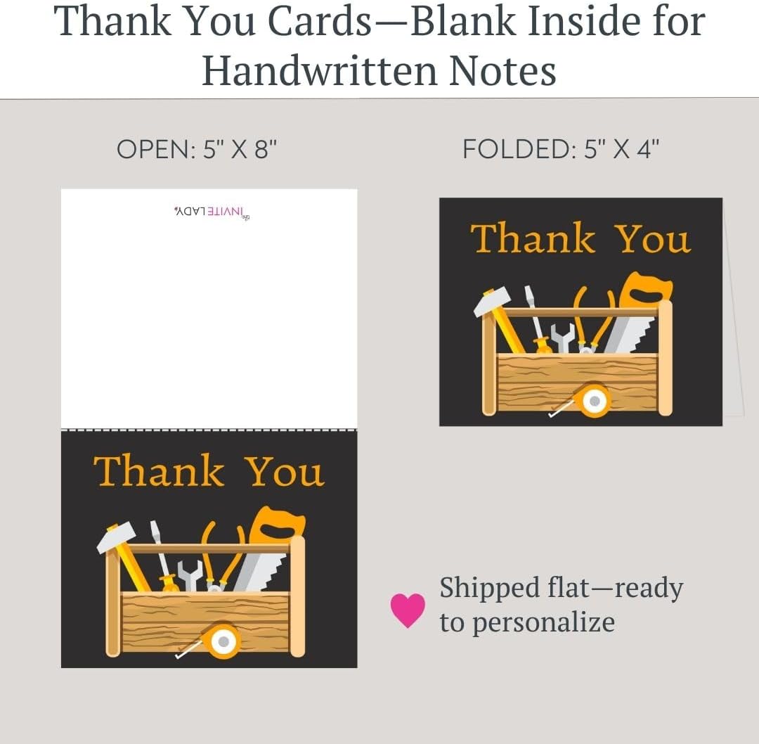 The Invite Lady Thank You Card Tool Box Dadchelor Contractor Carpenter Handyman Business Bachelor Tools Printed Cards (24 Count)