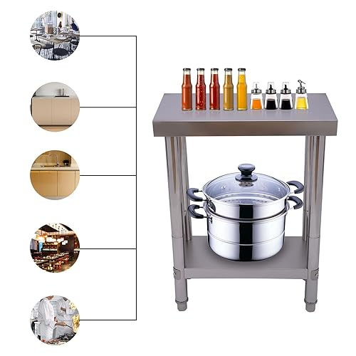 Miniatura 5 de Mesa de preparación de acero inoxidable, mesa de trabajo resistente con estante inferior y ruedas para restaurante, hogar y hotel, preparación y