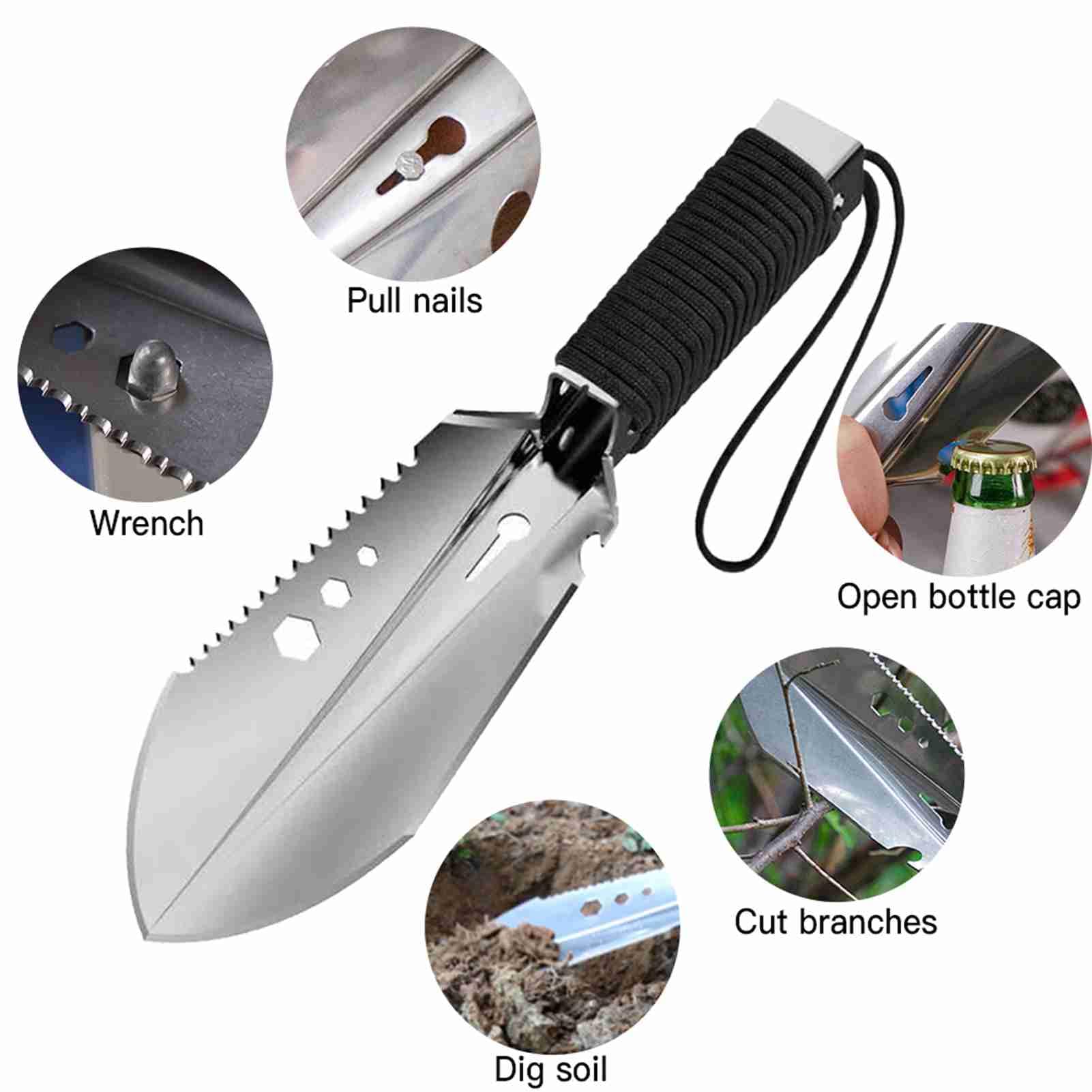 Camping Shovel, 8 in 1 Stainless Steel Hand Shovel with Storage Pouch for Hiking Backpacking Gardening (Black)