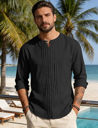 Men's Linen Shirts Casual Long Sleeve Pleated Front T-Shirt Button Henley Collared Loose Lightweight Pullover Top