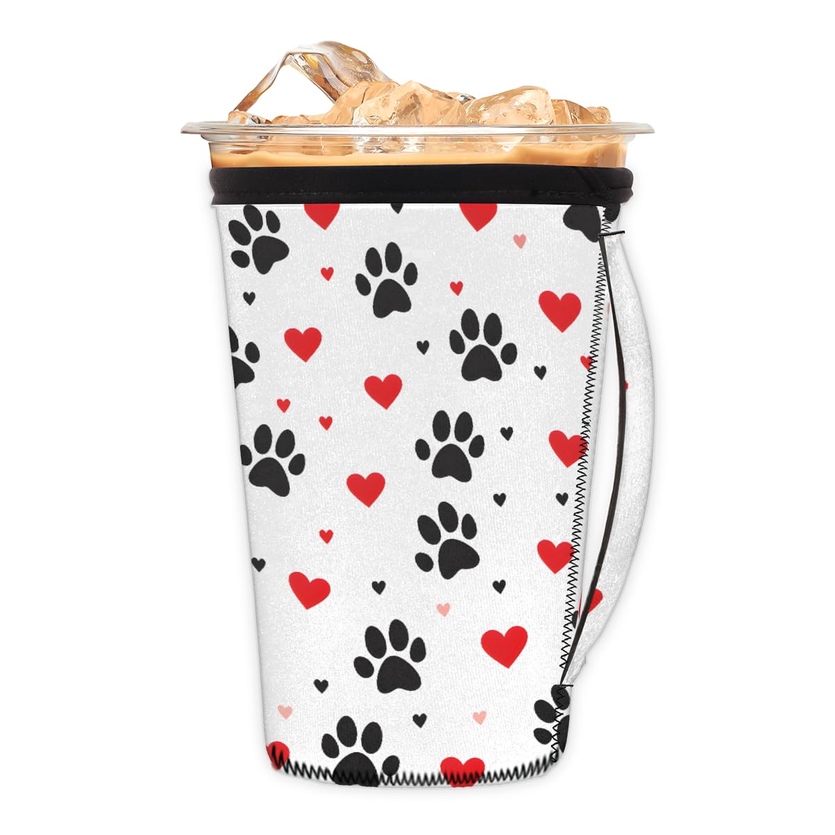 White Love Paw Print Reusable Iced Coffee Sleeve with Handle Neoprene Cup Sleeve For Soda, Latte, Tea, Beverages, Beer (30-32 oz)