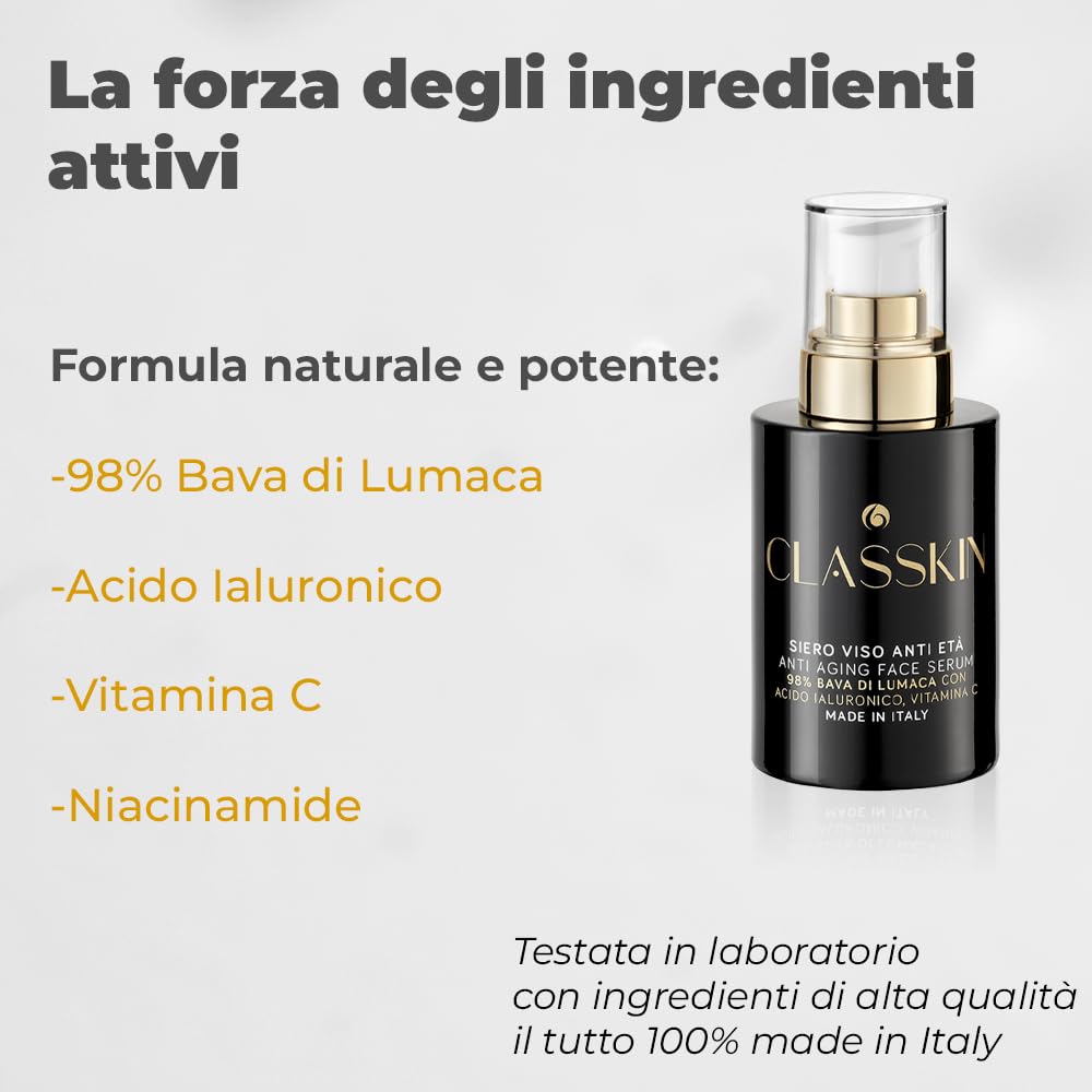 Siero Viso Alla Bava Di Lumaca 98% - Anti-Età, Liftante, Idratante e Antimacchia per Pelle più Soda e Tonica con Acido Ialuronico,Niacinamide e Vitamina C, Donna Uomo 50 ml Bio.