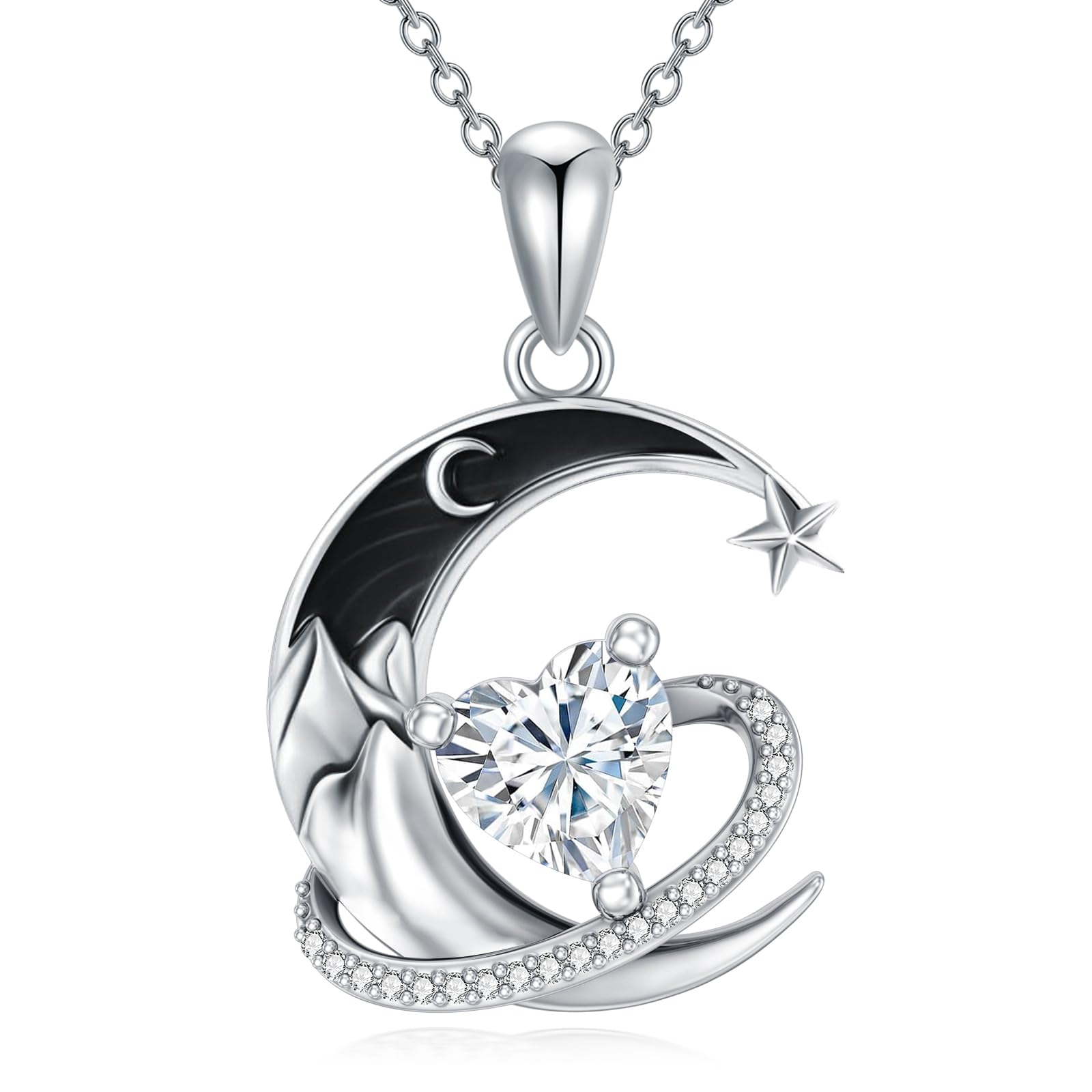 Flpruy I Love You to the Moon and Back Necklace 925 Sterling Silver Black Crescent Moon Star Pendant with Heart Birthstone Necklace Anniversary Gothic