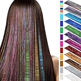 Hair Tinsel Strands 40 Inches Shiny Hair Tinsel Highlights Glitter Hair Extensions Bling Straight Hairpieces Party Supplies, 12 Colors (2880 Pieces)