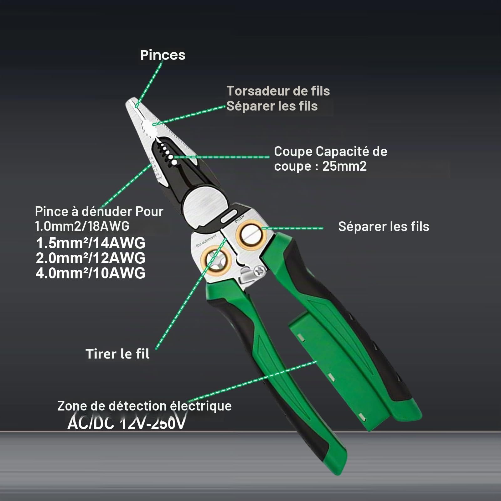 Pince à Dénuder 8 en 1 avec Testeur de Tension | Outil Multifonction Électricien pour Couper, Câbler, Tirer les Fils | Ciseaux à Câble avec Détection de Sécurité