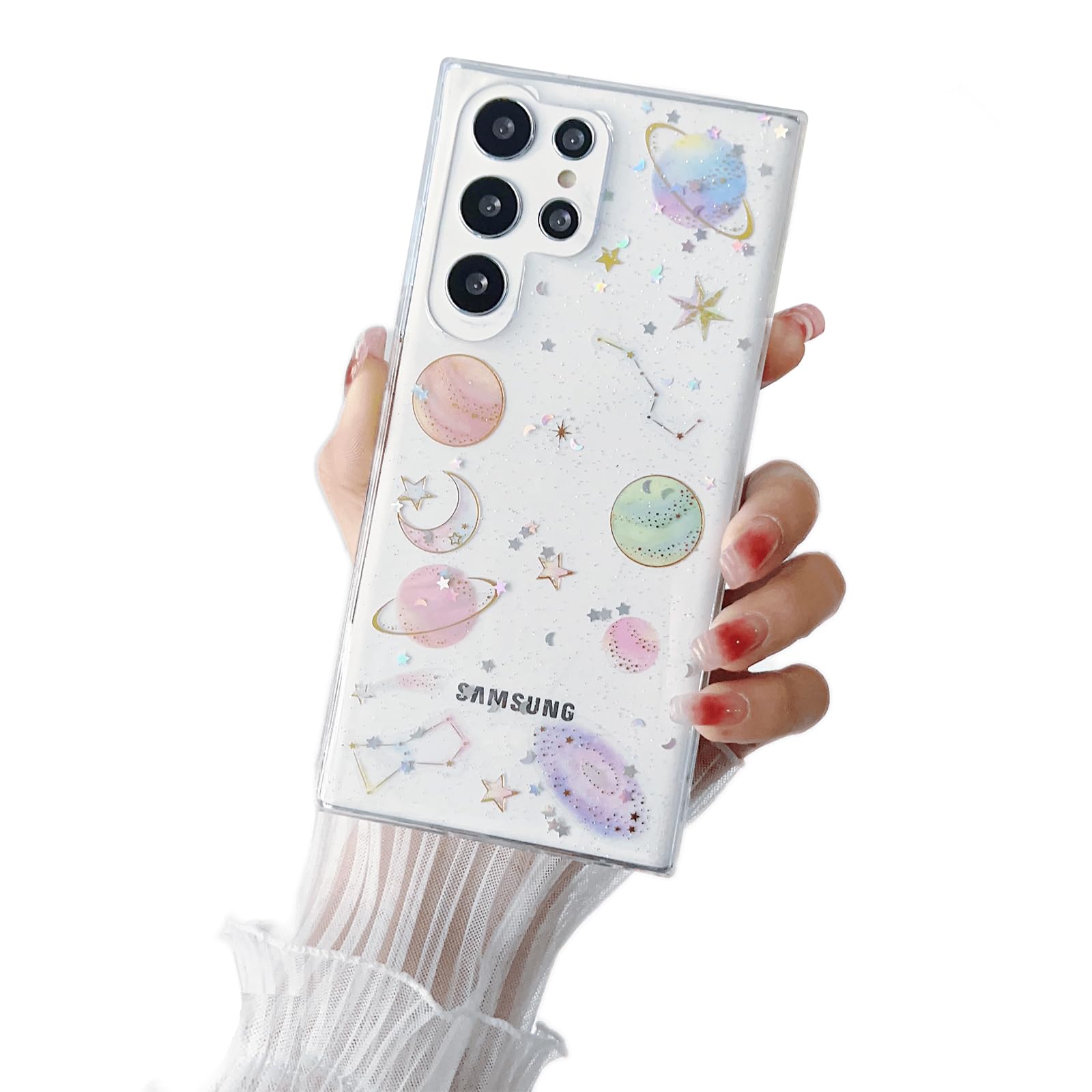 Compatible for Samsung Galaxy S23 Ultra Case, Clear Cases with Design Stars and Moon Bling Glitter Planet Aesthetic Silicone Shockproof Cover Women Girls for Samsung S23 Ultra 6.8'', Space