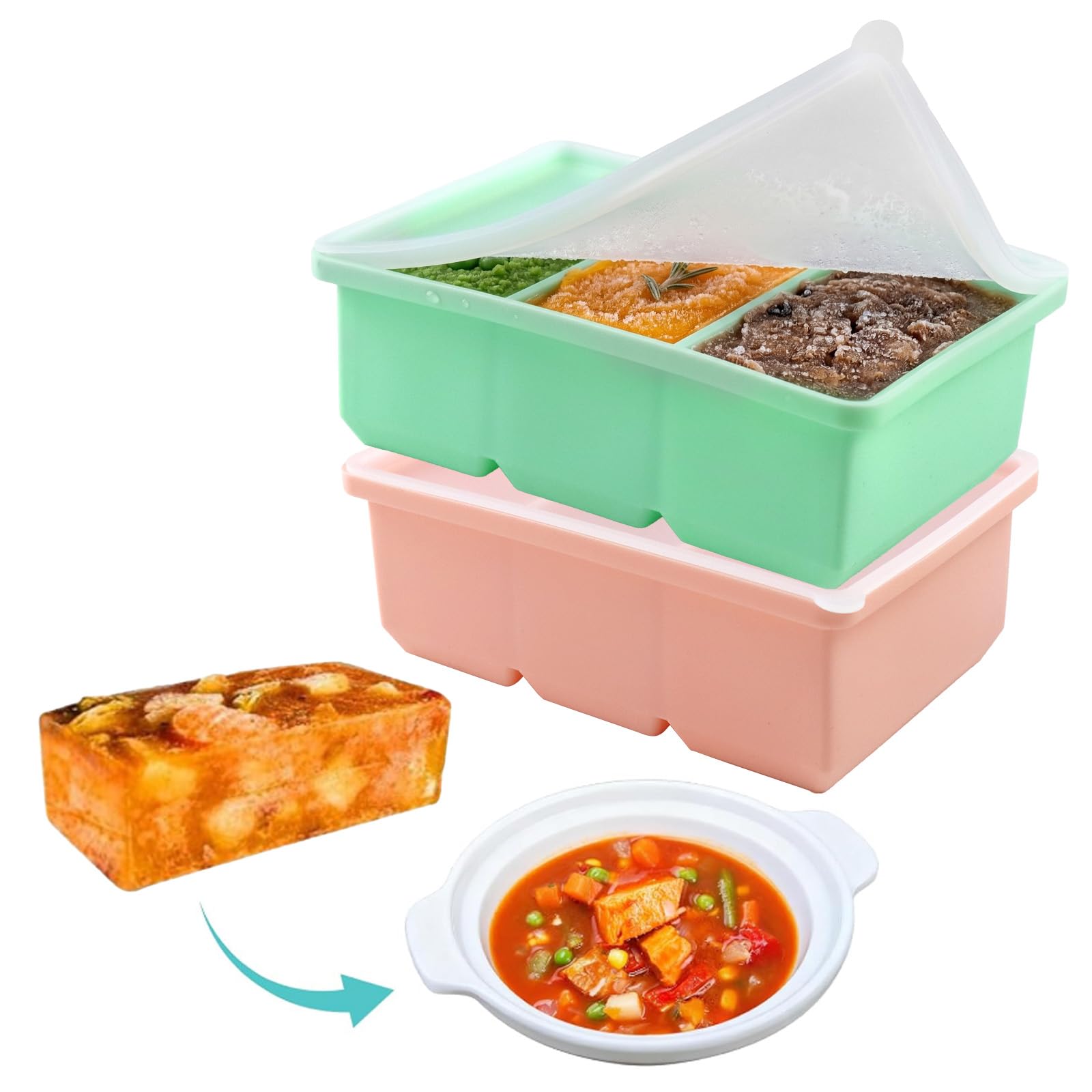 2 Pieza Moldes de silicona para sopa para congelador con tapas,Bandeja de Silicona para Congelador,Apilables Silicona para Cubitos de Hielo Molde, con 3 Compartimentos,300 ml ﻿