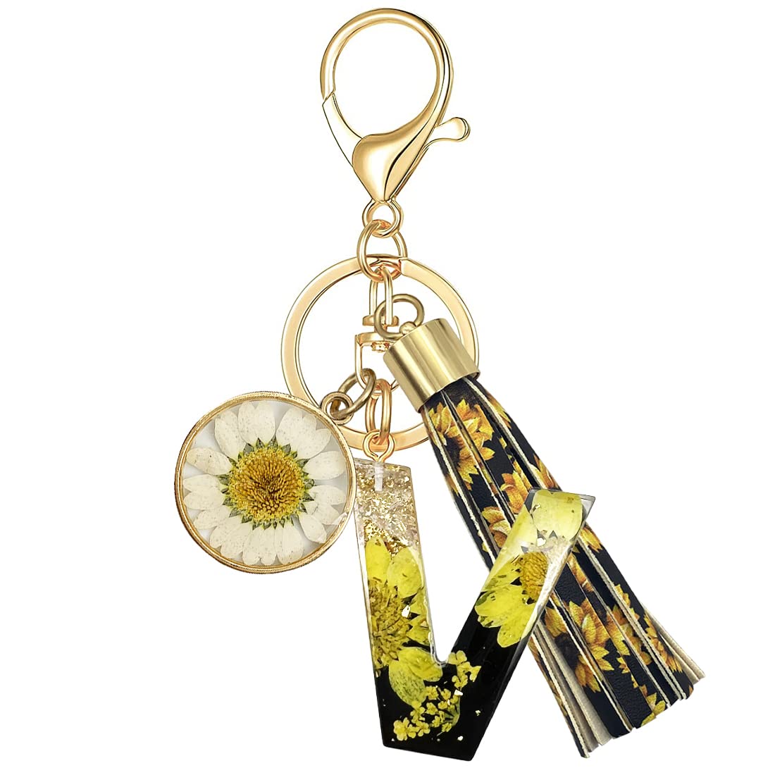 XGALBLA Alphabet Initial Letter Keychain Tassel Sunflower Initial Key Ring for Bag Charm Purse Handbags for Women Girl