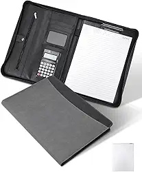 Pasta Executiva A4, Sofisticada, Cinza, 26x34 cm, Couro Sintético, 100 Folhas A4, Calculadora Solar de 12 Dígitos