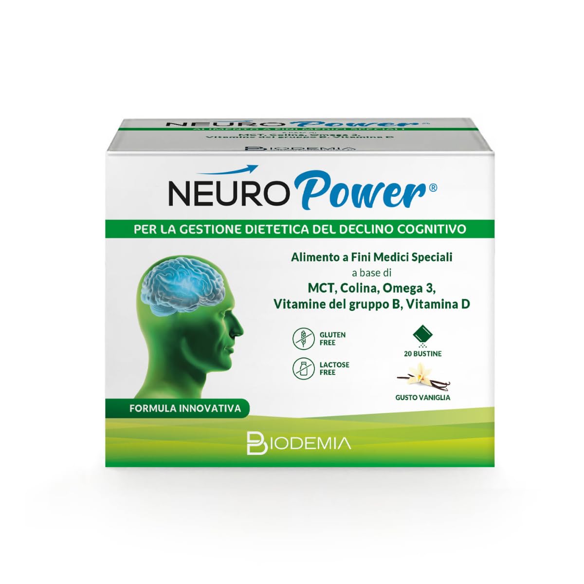 BIODEMIA | NeuroPOWER Alimento a Fini Medici Speciali con MCT, Colina, Omega 3, Vitamine del gruppo B, Vitamina D per la Gestione del Declino Cognitivo Correlato all'Età, 20 Bustine gusto Vaniglia