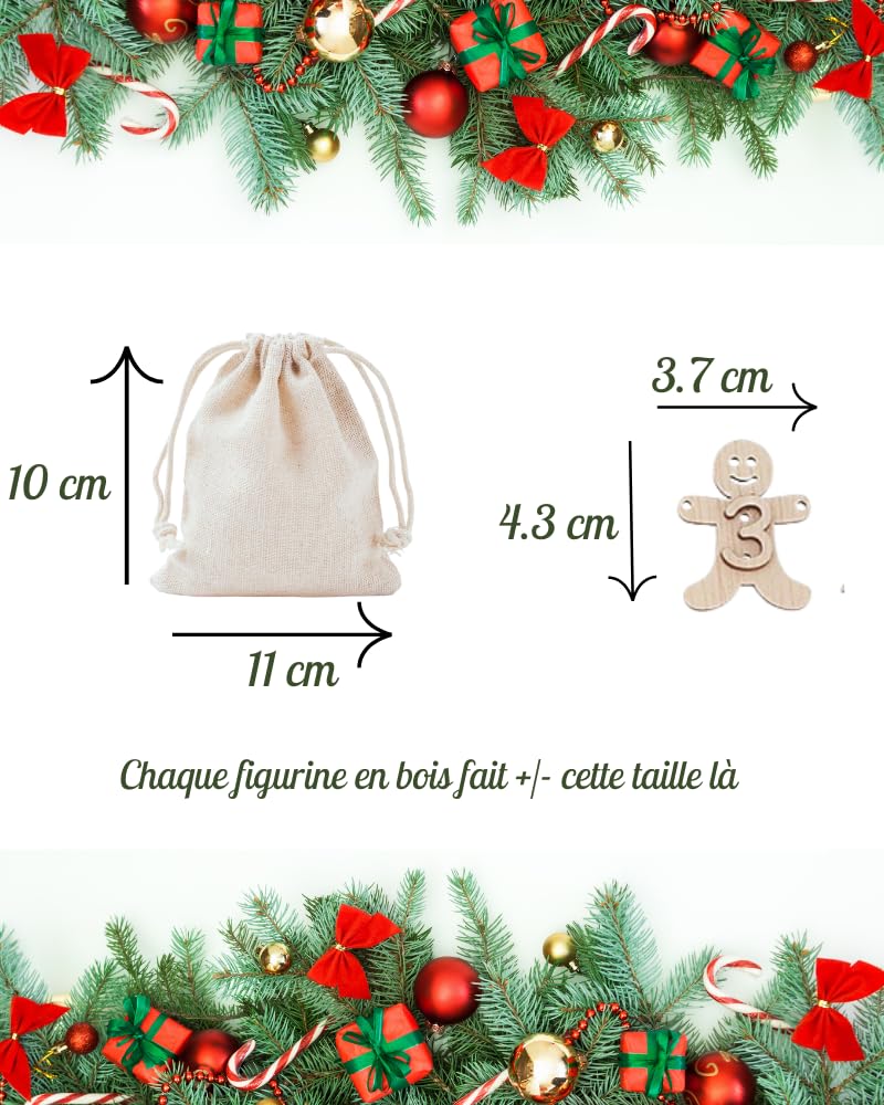 Kit Calendrier De L’Avent Réutilisable En Tissu Coton – 24 Pochons, Chiffres En Bois, DIY Durable Et Déco Naturelle