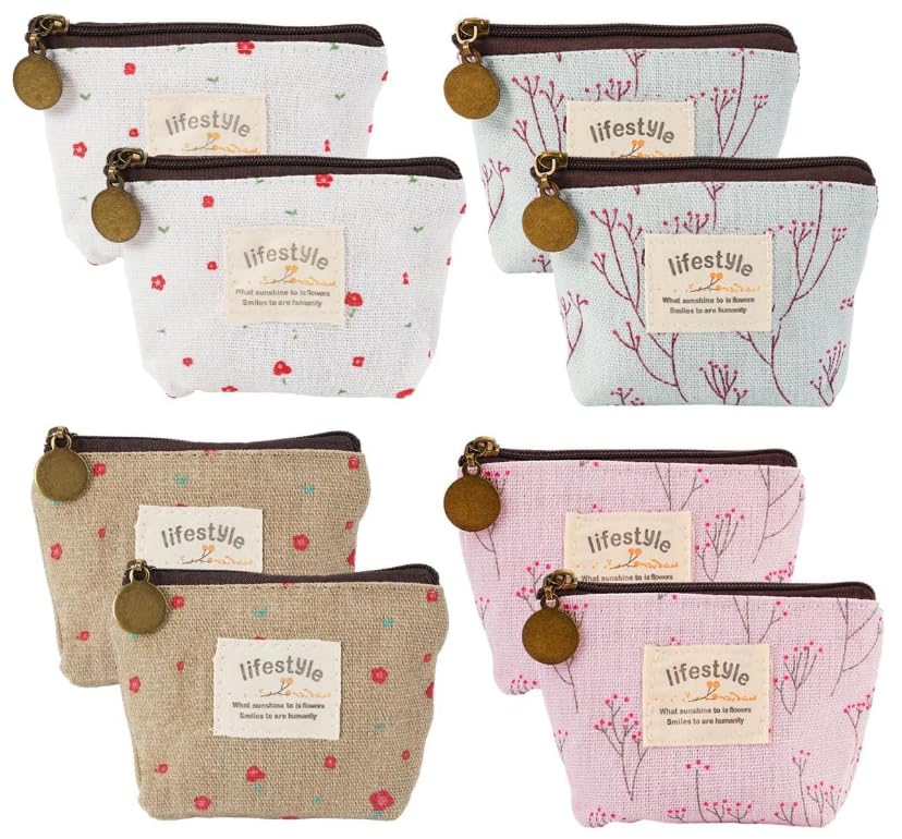 – 8 PCS Coin Purse Small Purses for Women, Mini Canvas Change Purse Coin Pouch with Flower Pattern, Portable Small Zipper Purses, for Cash,Keys,Credit Card,ID Card Wallets and Money Organizers.