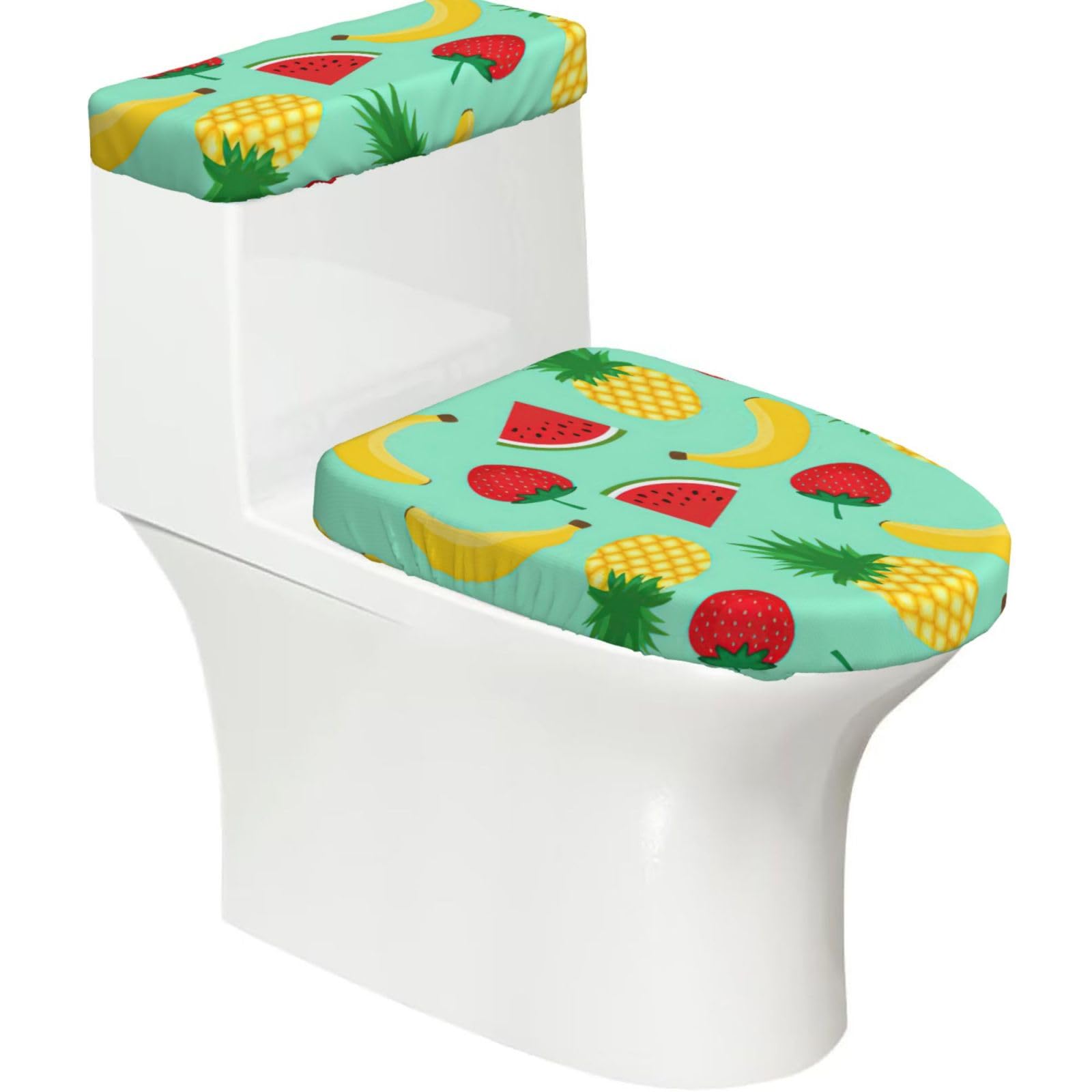 Banana Strawberry Pineapple Print 2-Piece Stretch Toilet Cover Set, Elastic Breathable Toilet Seat and Tank Lid Protector