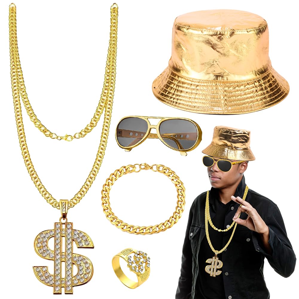 HIULLEN Hip Hop Costume Accessories, 5Pcs Hip Hop Costume kit, 80s/90s Hip Hop Fancy Dress Accessories with Fake Gold Chain Bracelet Rings Bucket Hat Hip Hop Glasses for Men Women Halloween