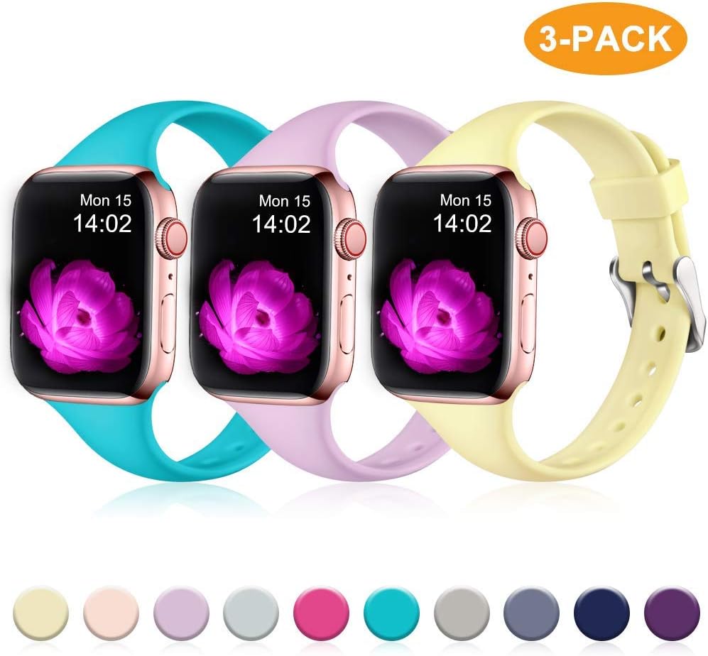 GEAK Slim Band Compatible with iWatch Bands 38mm 40mm for Womens Men,Narrow Soft Silicone Slim Sport Wristband for Apple Watch Series 5 4 3 2 1,38mm/40mm S/M Teal/Lavender/Yellow