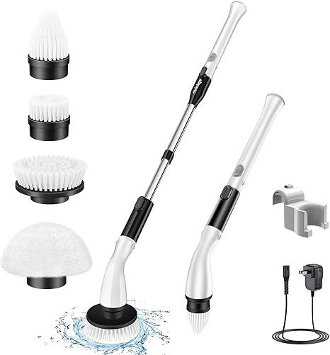 LABIGO Electric Spin Scrubber LA1 Pro, Cordless Spin Scrubber with 4 Replaceable Brush Heads and Adjustable Extension Handle, Power Cleaning Brush for Bathroom Floor Tile (Black)