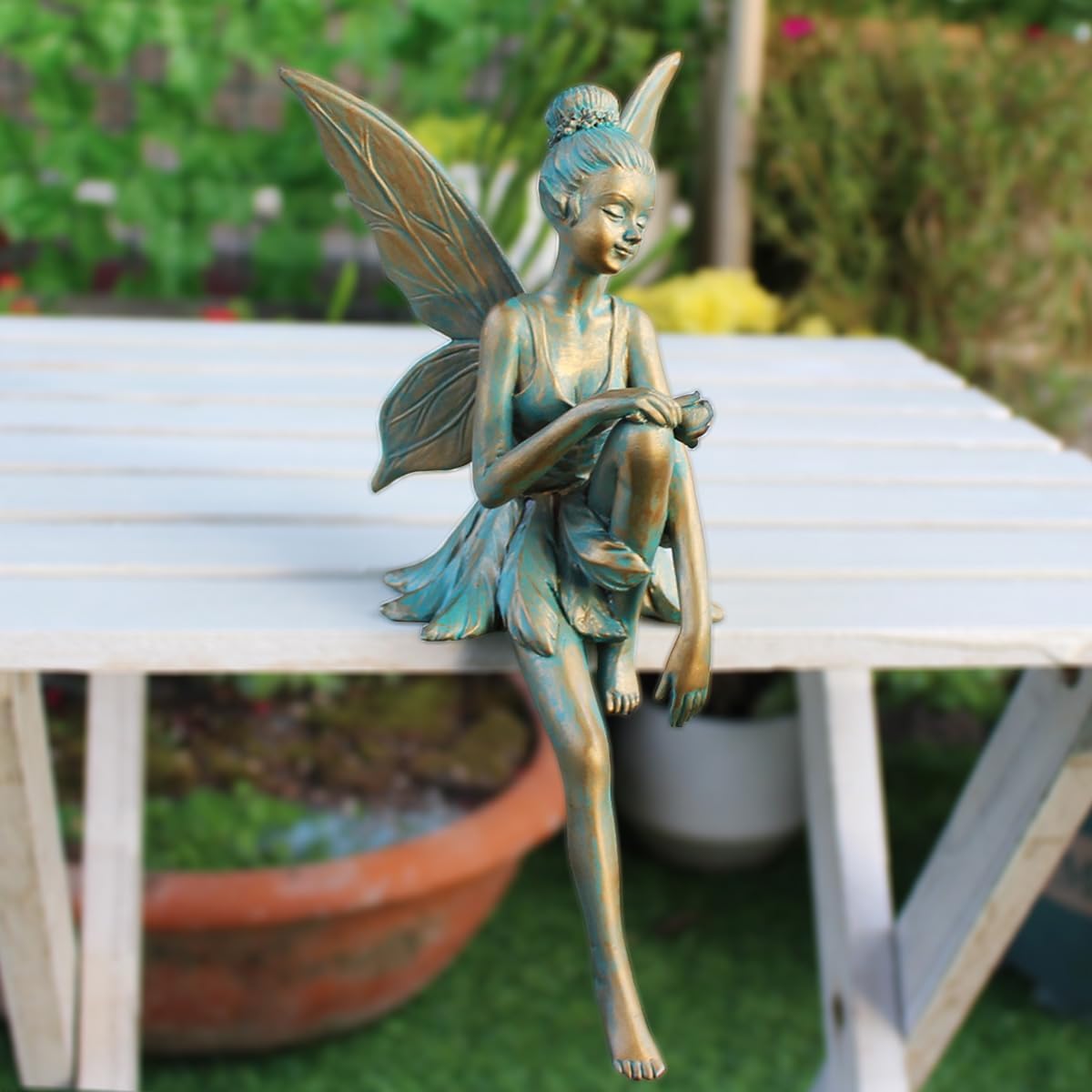 Estatua de hada sentada de bronce vintage, decoración de jardín al aire libre, figura de ángel de resina de 7 pulgadas de alto, estante para el hogar, escultura artística para patio, césped, porche, adornos