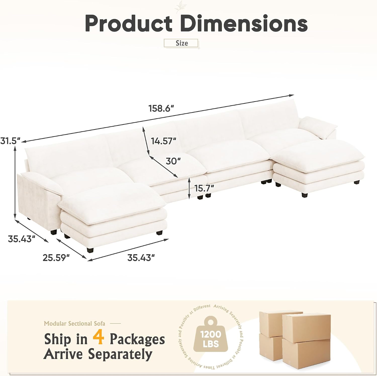Diagram showing the dimensions of the Furniwell U-Shaped Modular Sectional Sofa