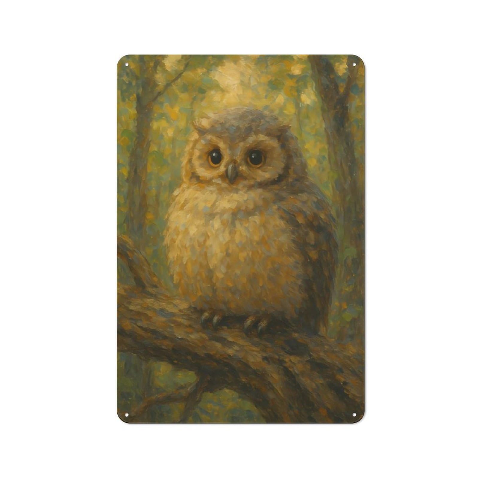 Owl Perched on Branch Painting Rustic Metal Wall Decor 30x20cm, Metal Wall Sign for Pub, Home Bar, Shed Or Man Cave