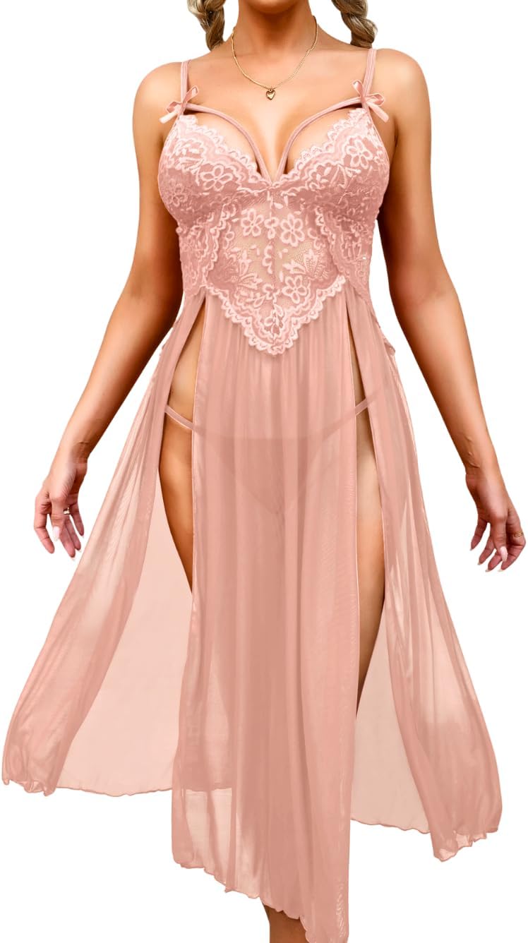 Womens Sexy Long Nightgowns, Floral Lace Flowy High Slit Exotic Lingerie Dress, Sheer Mesh G String Babydoll Boudoir