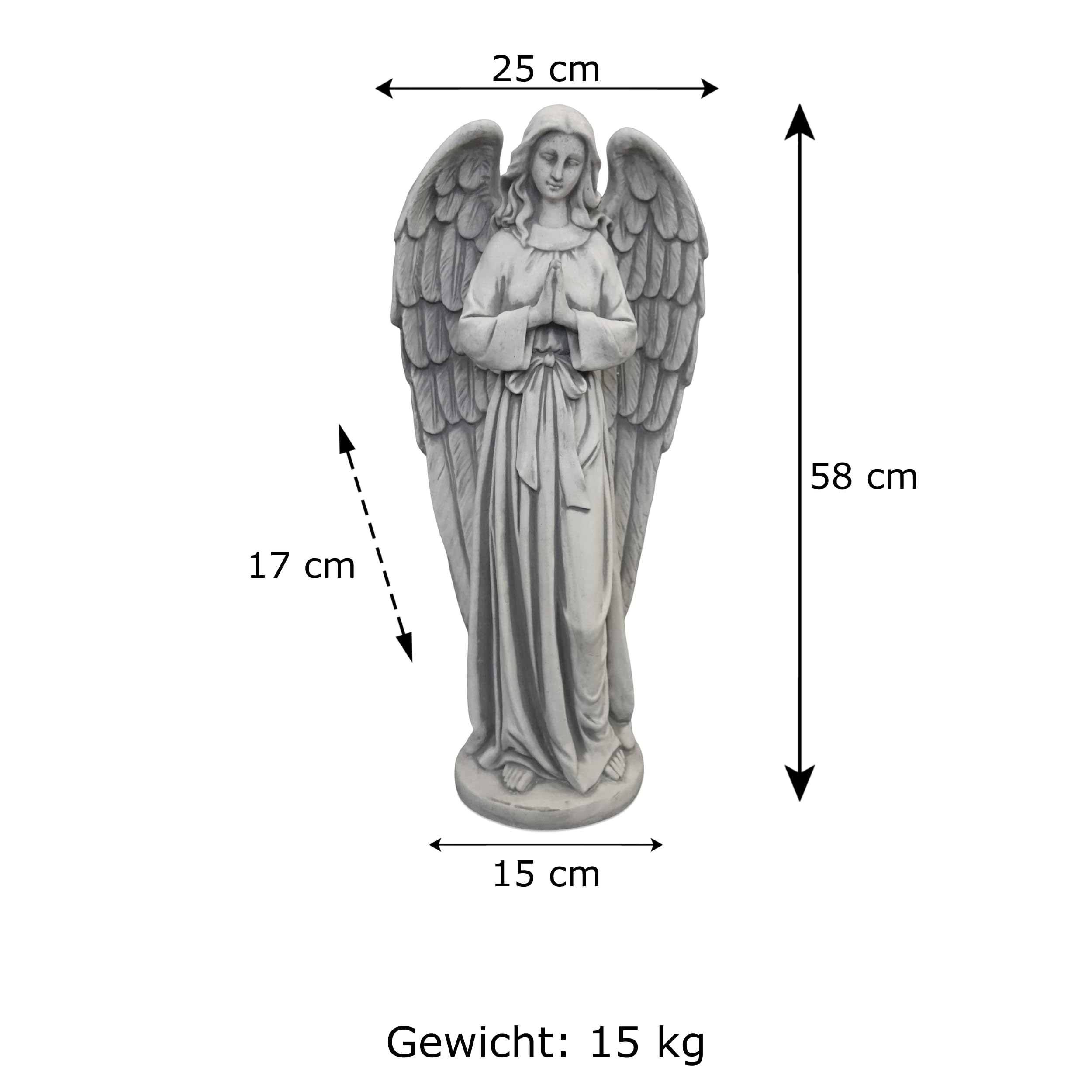 gartendekoparadies.de Engel mit Flügeln, Steinfigur H. 59 cm, 15 kg, Grau, frostsicher aus Steinguss für Außenbereich