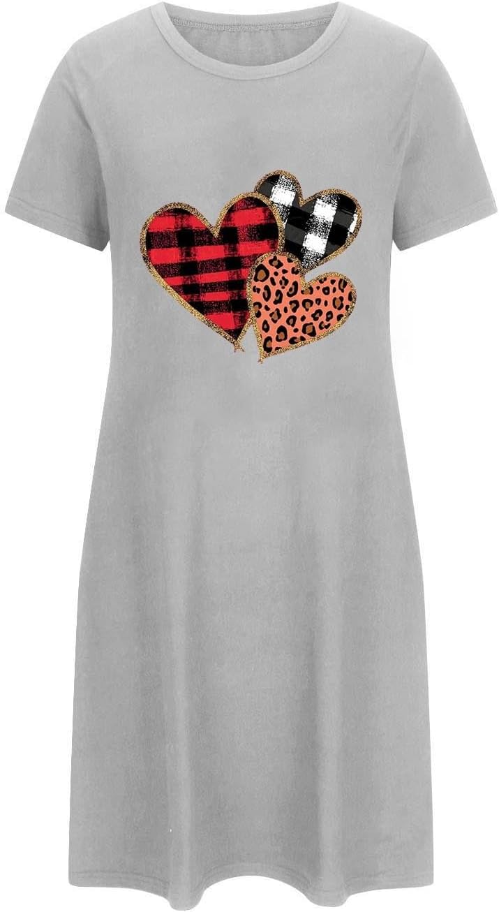 Women Valentine Nightgowns Plus Size Leopard Heart Graphic Night Gown Crew Neck Sleepwear Short Sleeve Nightdress Gift