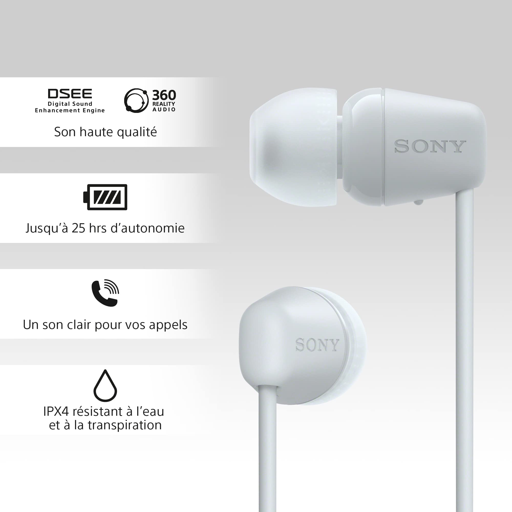 Sony WI-C100 Écouteurs sans Fil Bluetooth - Jusqu'à 25 Heures d'autonomie - Microphone intégré pour Les appels téléphoniques - Compatible Assistants vocaux - Blanc