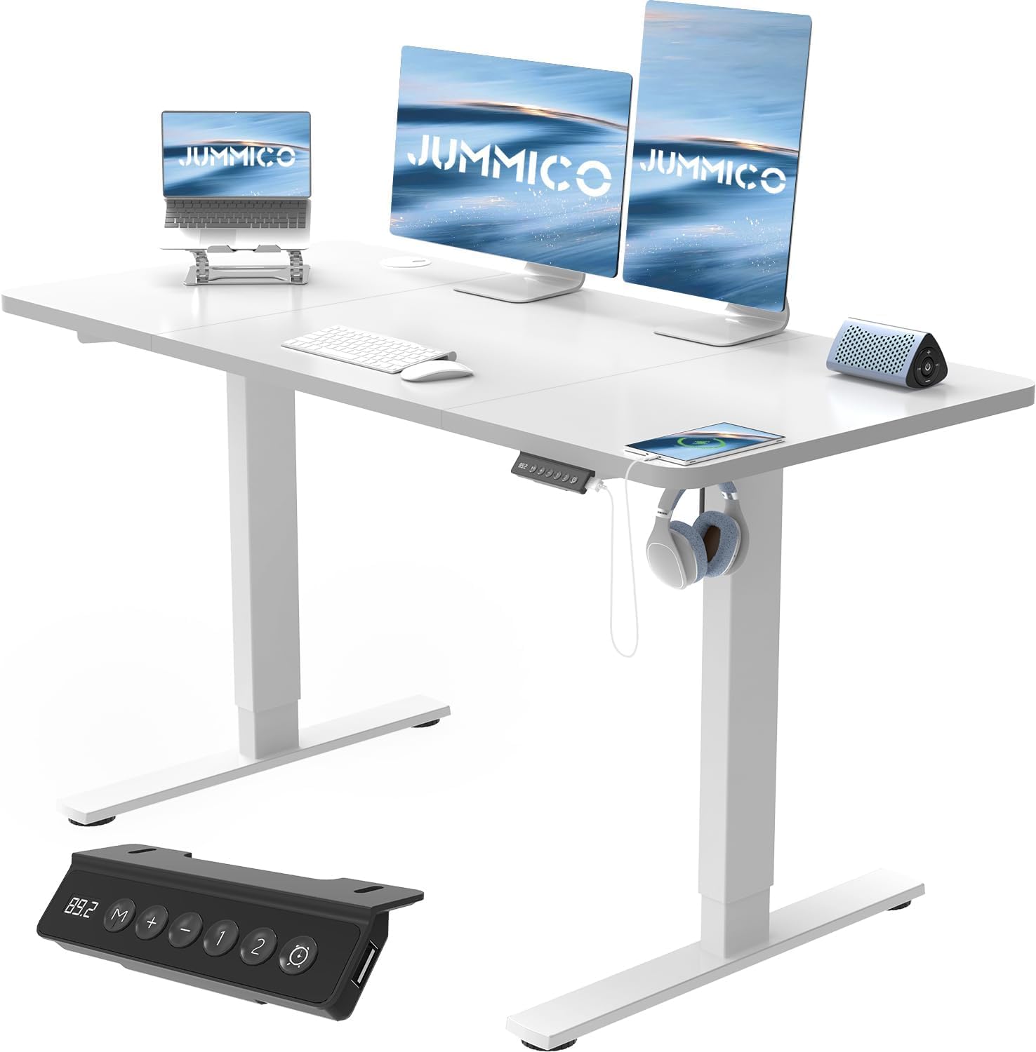 JUMMICO Escritorio Elevable Eléctrico con Cargador USB, Escritorio Regulable en Altura Ergonomica Escritorio de pie Ajustable Smart Panel con Funciones de Memoria, Standing Desk 120 x 60 cm, Blanco