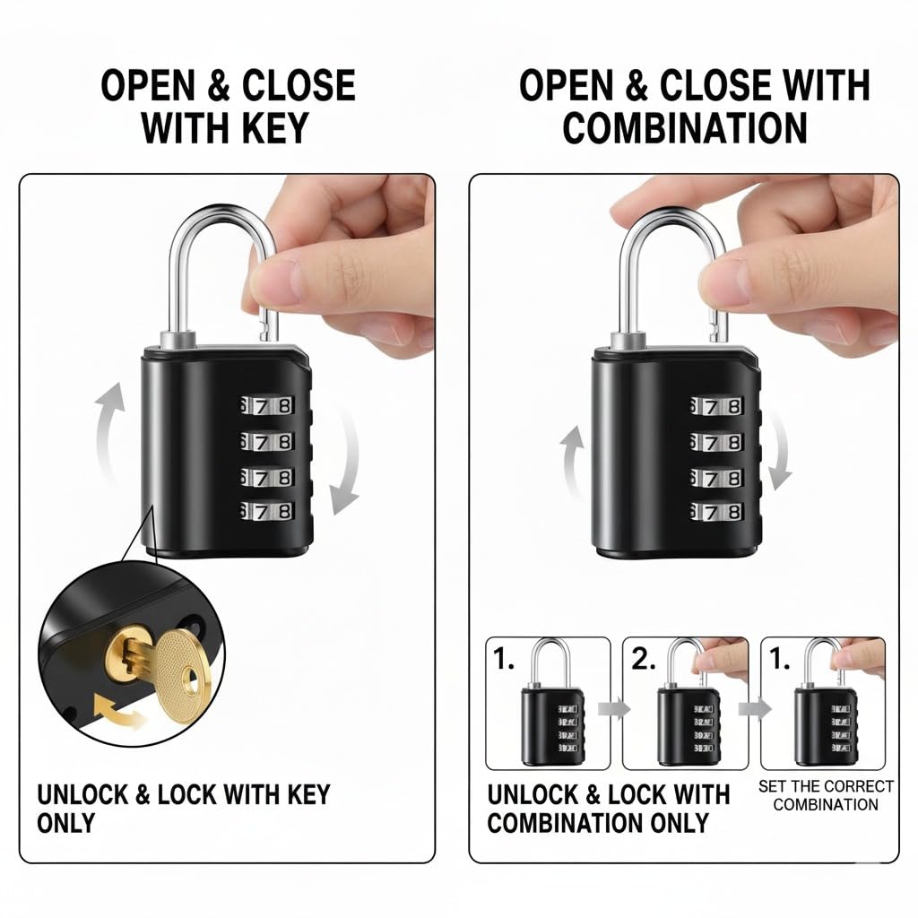Jukusa 4-Digit Combination Padlock with Backup Key(1) | Heavy Duty Black Metal Security Lock | Resettable Code for Gym Locker, School, Travel, Gate & Storage Use (Black) 3