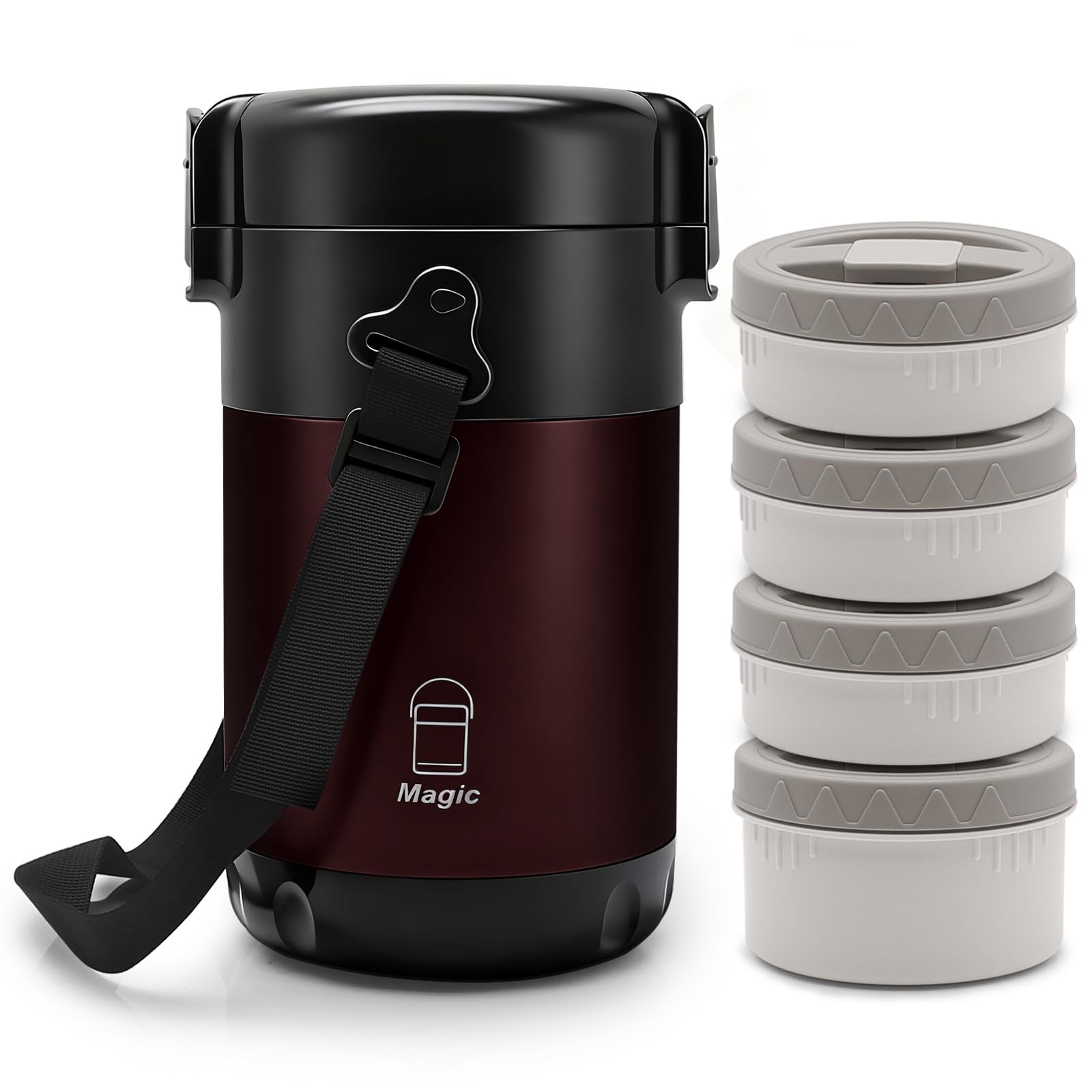 Termo para Comida Caliente 2.6L, con 4 Compartimentos Separados, Fiambrera Térmica para Comida Caliente, Con Cubiertos y Bolsa Térmica, Ideal para Trabajo, Estudiantes y Trabajadores(Rojo)